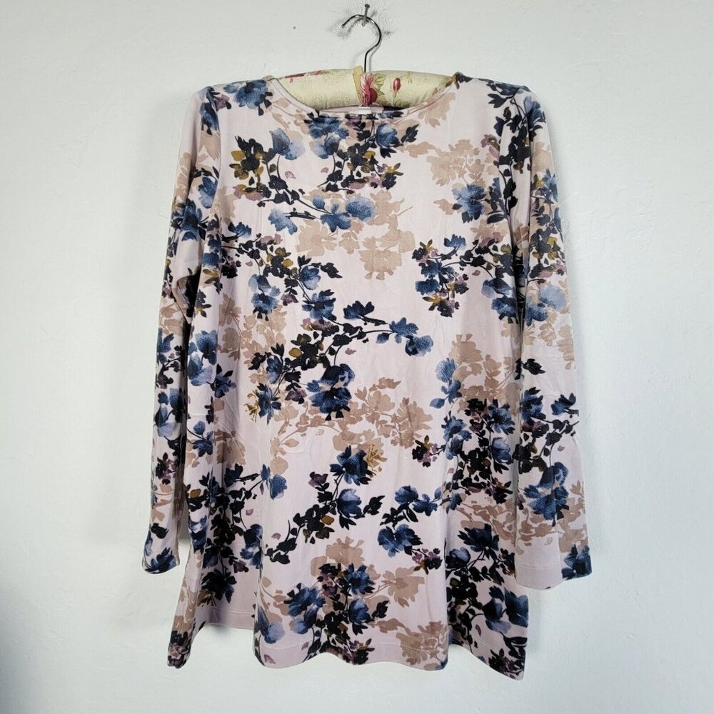 J.Jill Purejill Floral Velour Pink Blush Pullover Long Sleeve Top Small Stretch